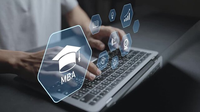 MBA Master of Business Administration concept. Person using laptop with business education and management icons, leadership development, strategic planning and professional skills.