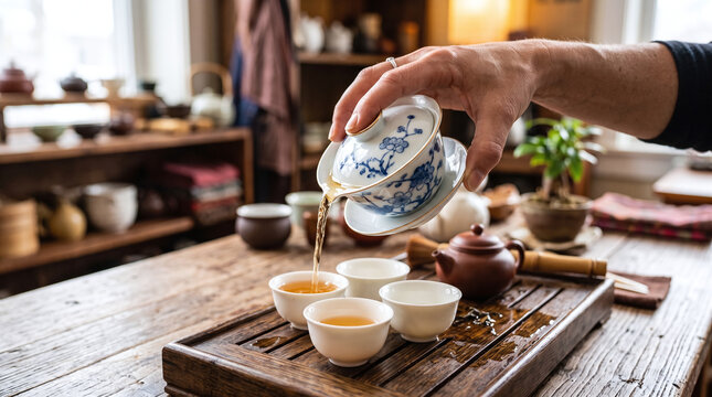Hand pouring tea from a traditional gaiwan during a Chinese tea ceremony.
