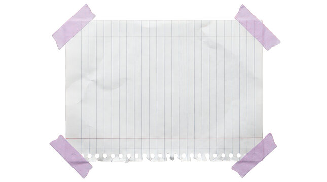 Crumpled lined notebook paper with purple tape, blank school notepad sheet for messages, textured paper mockup isolated on Transparent Background