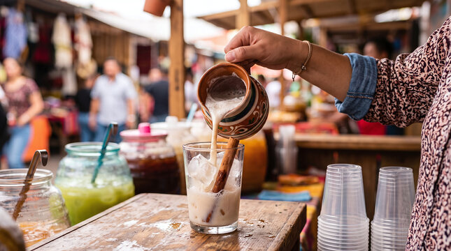 Pouring fresh Mexican horchata drink over ice with cinnamon at market stall