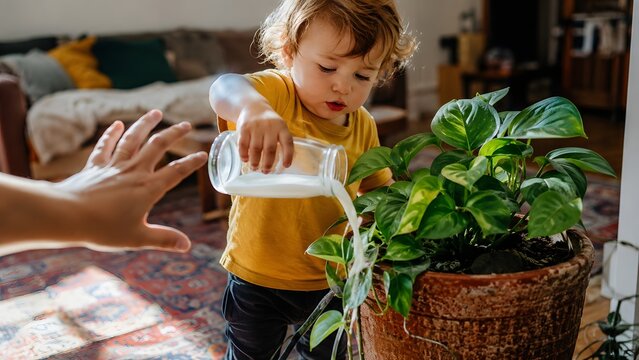 Toddler pouring milk onto a houseplant as a parent reaches out to stop him.