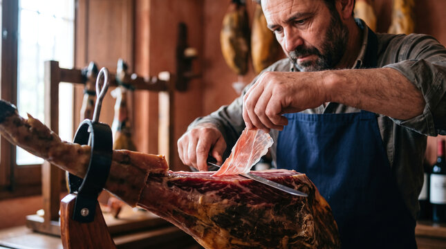Professional carver slicing a thin piece of traditional Spanish jamon iberico.