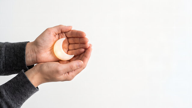 Human hands holding glowing crescent moon on white background for Ramadan, dreams, hope, and spiritual night concept.