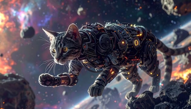Futuristic cyborg cat exploring the asteroid field in outer space with vibrant nebulae background