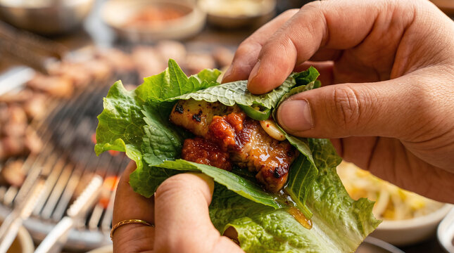 Hands wrapping grilled Korean BBQ pork belly in fresh lettuce and perilla leaf