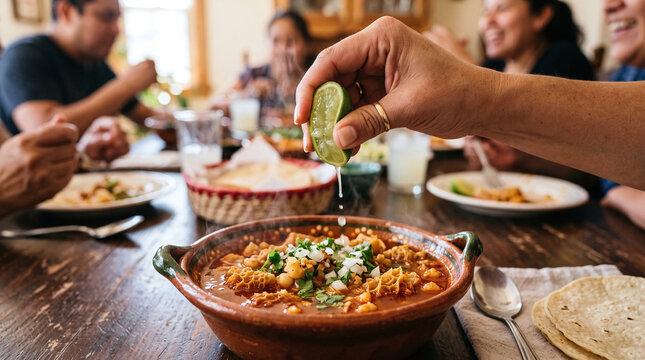 Hand squeezing fresh lime juice into a hot steaming bowl of Mexican menudo soup.