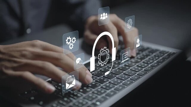 Customer service and support workflow concept. Person using laptop with customer support and workflow icons, help desk management, service automation and customer experience.