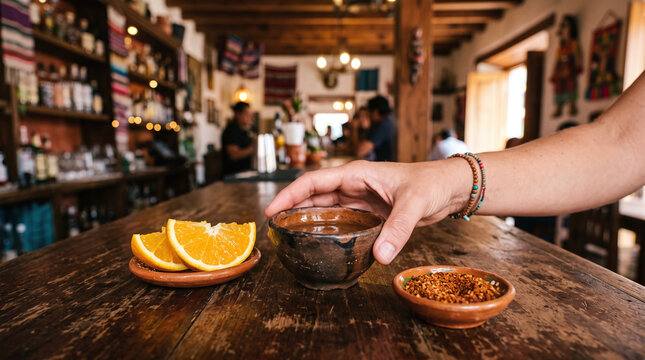Hand holding traditional mezcal clay cup with orange slices and worm salt.