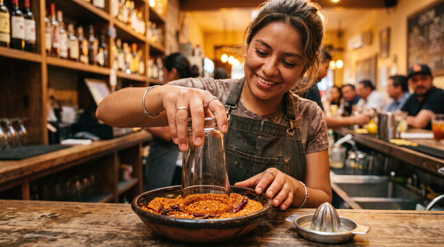 Smiling female bartender rimming a glass with chili salt at a rustic bar counter.