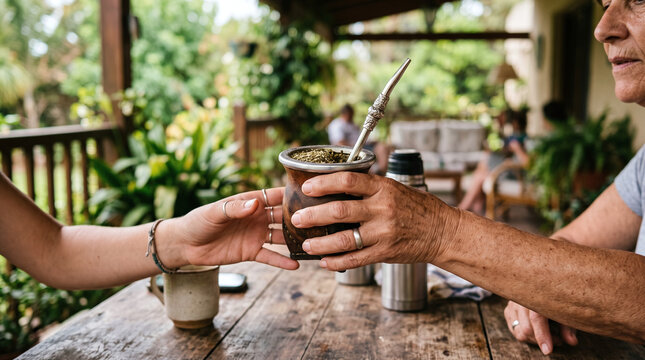 Sharing traditional South American yerba mate tea in a gourd on a rustic patio