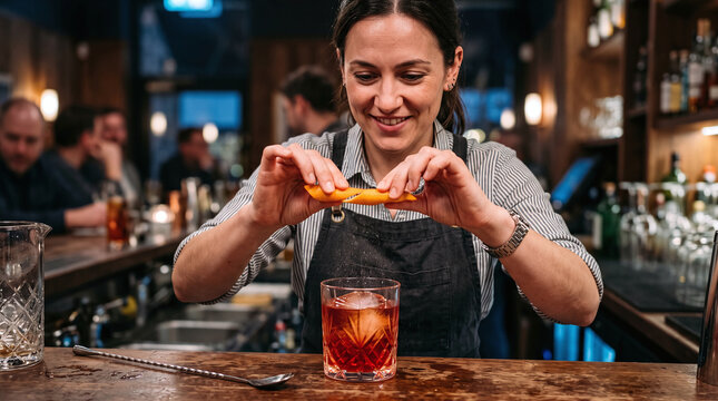 Smiling female bartender twisting orange peel over a classic Negroni cocktail.