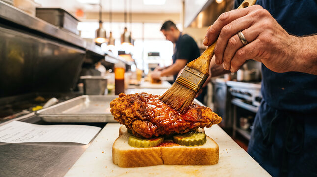 Chef brushing hot spicy oil onto a crispy Nashville hot chicken sandwich