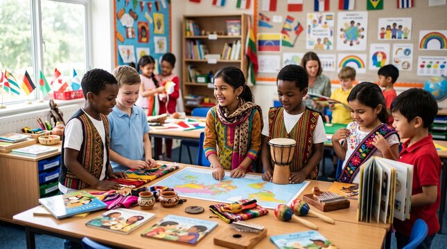Diverse children learning geography and culture in a bright classroom with flags and maps