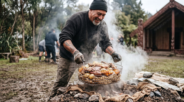 Smiling Maori man lifting a steaming traditional Hangi basket in New Zealand