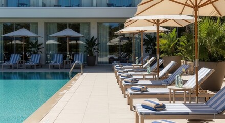 Fototapeta premium Luxurious Resort Poolside With Lounge Chairs and Umbrellas