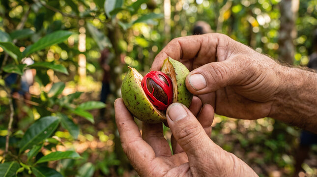 Hands opening a fresh nutmeg fruit revealing the bright red mace and seed.