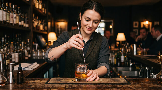 Professional female bartender stirring a classic cocktail with a large ice cube