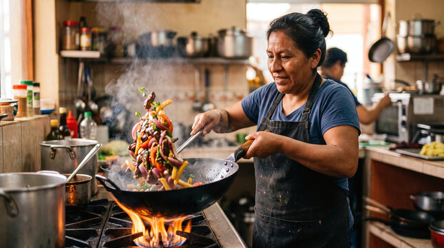 Peruvian chef tossing lomo saltado stir fry in a hot wok over open flame