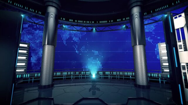 Broadcasting Studio Virtual Stage Package with Curved Chroma Key Screen Wall Placeholder and Animated Metallic Pillar Environment