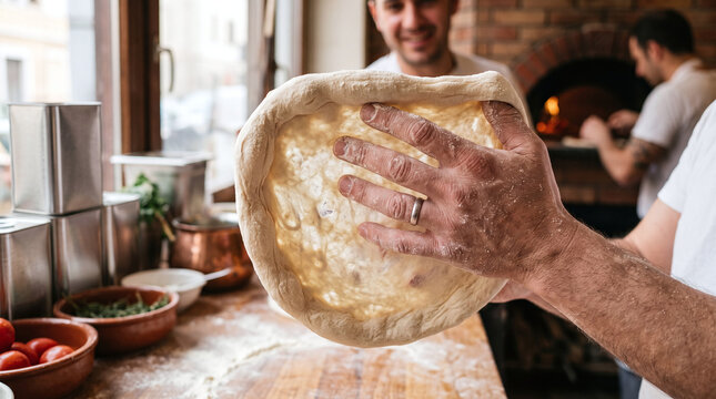 Pizza maker stretching fresh dough over his knuckles in a pizzeria kitchen