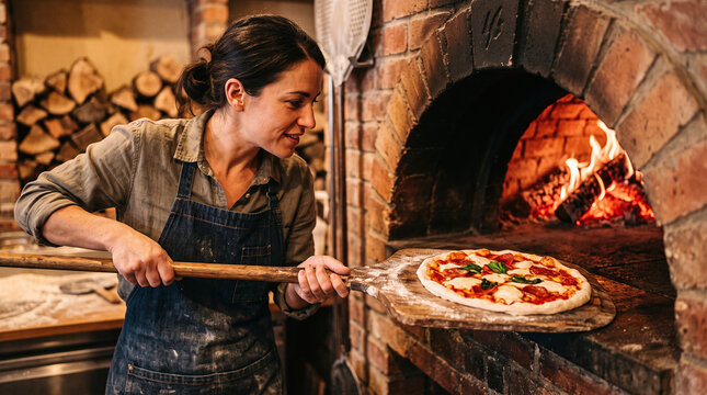 Smiling female chef putting raw pizza into a rustic wood-fired brick oven