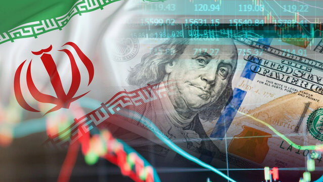 The Iranian financial data display features the Iran flag, US dollar banknotes, and stock market charts, illustrating the economic impact of Iran-US trade relations, global investment