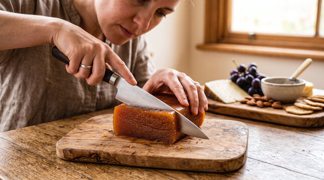 Woman slicing traditional sweet quince paste or membrillo on wooden board