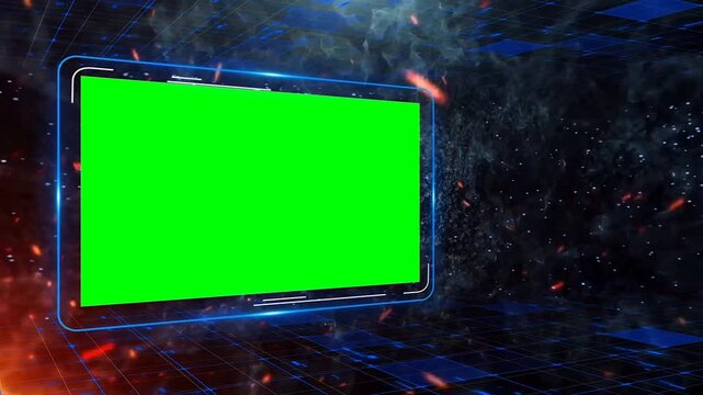 Futuristic High-Tech Digital Screen Frame with Chroma Key Green Screen Placeholder and Cyber Grid Motion Backdrop