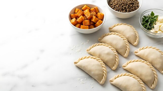 Raw homemade empenadas with roasted butternut squash lentils and feta cheese on a bright white marble kitchen countertop for a healthy vegetarian recipe.
