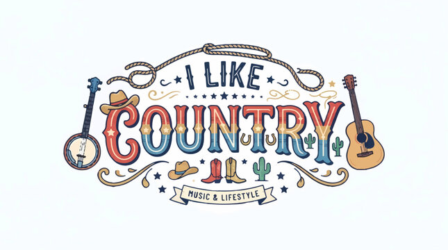 A decorative graphic saying I LIKE COUNTRY MUSIC & LIFESTYLE surrounded by Western elements like a banjo, guitar, cowboy hats, boots, cacti, and a rope border on a white background.