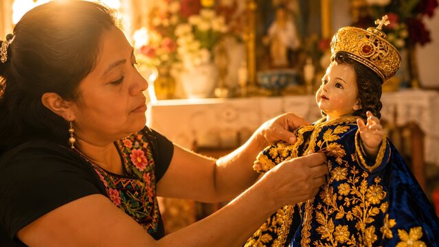 Mexican woman dressing a Ni&ntilde;o Dios doll for Dia de la Candelaria celebration