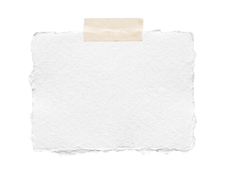Blank white textured paper with torn edges and adhesive tape for message display.