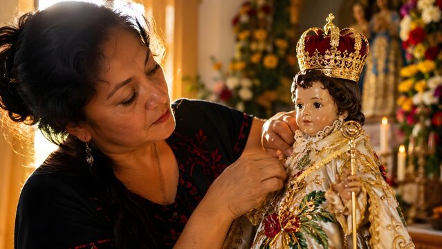 Hispanic woman dressing a traditional Ni&ntilde;o Dios doll for Candelaria festival
