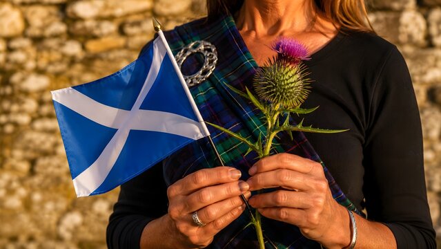 Woman in tartan holding a Scottish Saltire flag and thistle on St Andrew's Day