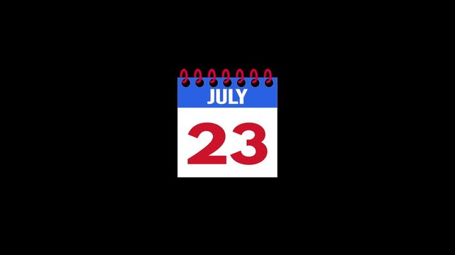 Daily Calendar Page Flip Animation from July 22 to July 23 with Page Turn Transition on Black Background. Day to day. date change concept