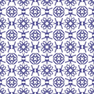 Seamless blue and white ikat pattern background with ethnic geometric tribal aztec azulejo motifs, traditional folk art textile fabric design, vector illustration