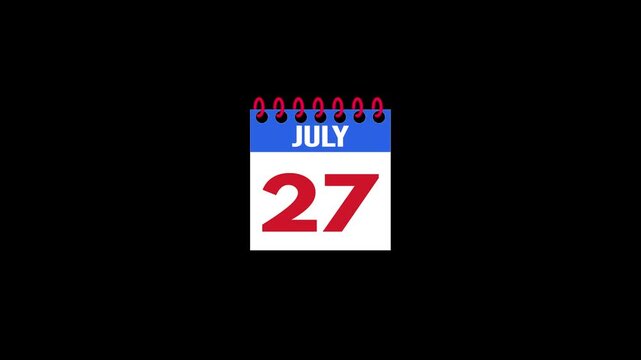 Daily Calendar Page Flip Animation from July 26 to July 27 with Page Turn Transition on Black Background. Day to day. date change concept