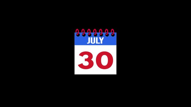 Daily Calendar Page Flip Animation from July 29 to July 30 with Page Turn Transition on Black Background. Day to day. date change concept