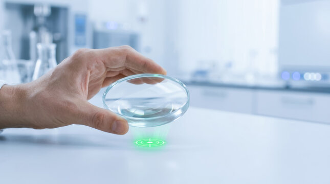 Hand holding magnifying glass over green key performance indicator KPI symbol in laboratory setting for analysis and measurement concept