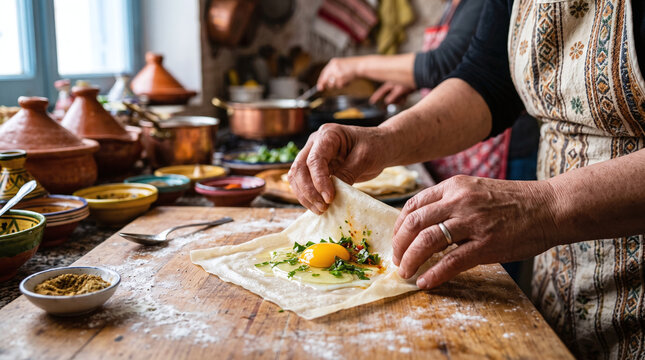 Hands of a woman folding a traditional Tunisian brik pastry with egg and herbs.