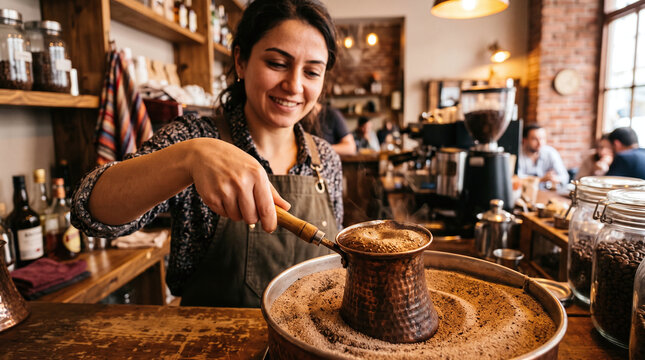 Smiling barista brewing traditional Turkish coffee in a copper cezve on sand
