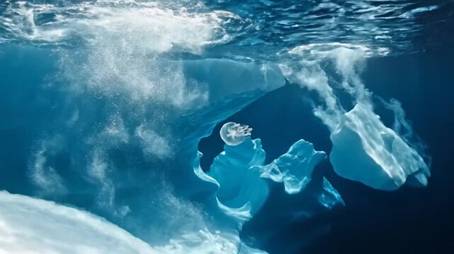 Majestic Underwater Iceberg Melting With Solitary Jellyfish Floating in Deep Blue Ocean Waters