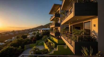 Fototapeta premium Luxurious Hillside Villas With Ocean Views During Sunset