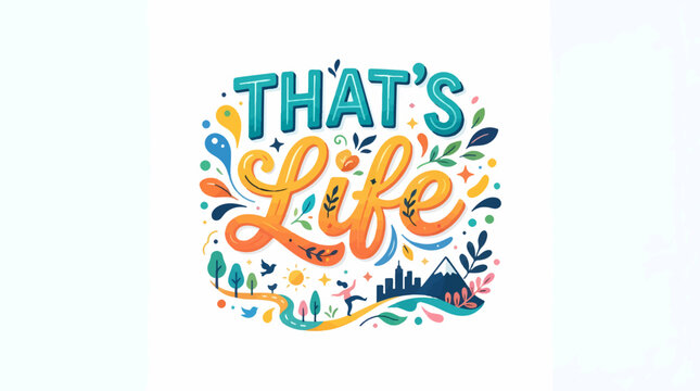 Colorful 'THAT'S LIFE' typography with whimsical illustrations depicting nature, cityscapes, and active figures, symbolizing life's diverse journey and vibrant moments.