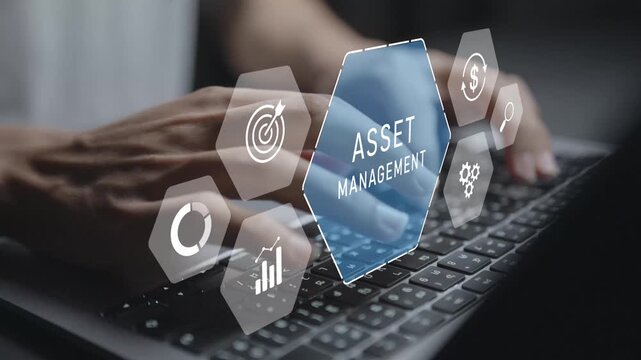Asset management concept. Person using laptop with asset tracking and financial management icons, portfolio management, resource allocation and business performance.