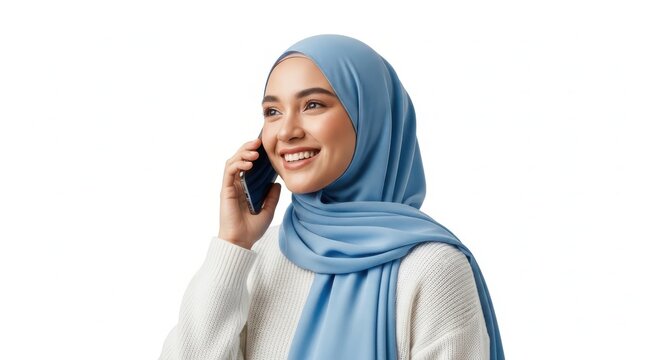 Young woman wearing hijab talking on phone and smiling