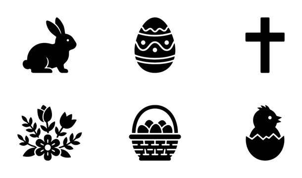 Easter Icons Set: Black Silhouette Vector Graphics Featuring Bunny, Egg, Cross, Flowers, Basket, and Chick for Holiday Design