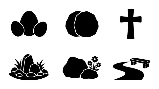 Easter and Resurrection Icons, Religious Symbols, Empty Tomb, Cross, Eggs, Stone, Path, Bench, Vector Graphics