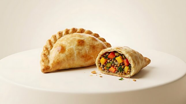 Golden baked empenadas with a colorful lentil and vegetable filling displayed on a white minimalist platform for high-end commercial food advertising.