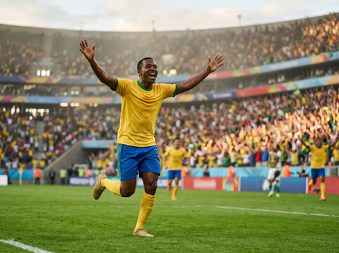 Brazilian soccer player celebrating goal in stadium